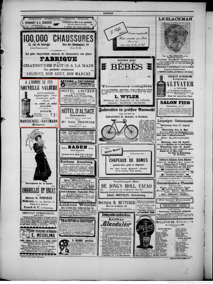 Journal L'Express de Mulhouse du 2 avril 1898 (p.4) : nouvelle salière antiseptique, hygienique, économique, pratique, en cristal et métal inoxydable.